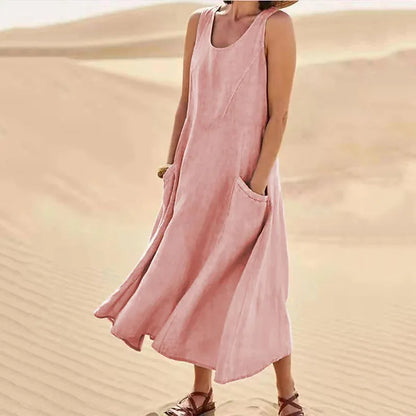 Chic Women Coton Linen Sundress Summer Female Sleeveless Double Big Pocket Loose Sand Beachwear Long Dress Oversized Vestidos