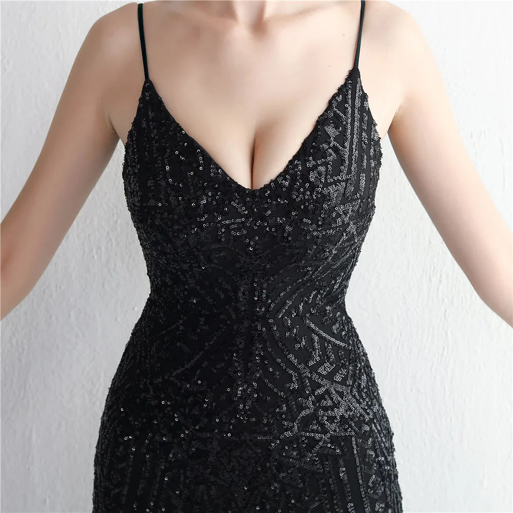 Women's Black Long Sleeve Padded Strap Sequin Dress Length, Sparkles Stretch, V Neck Mermaid, Formal Evening Dress, Night Party