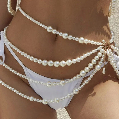 Y2K Designer belt Jewelry Multilayer Pearl waist chain for Women's Fashion Retro Character Playing Body Accessories Party Belts