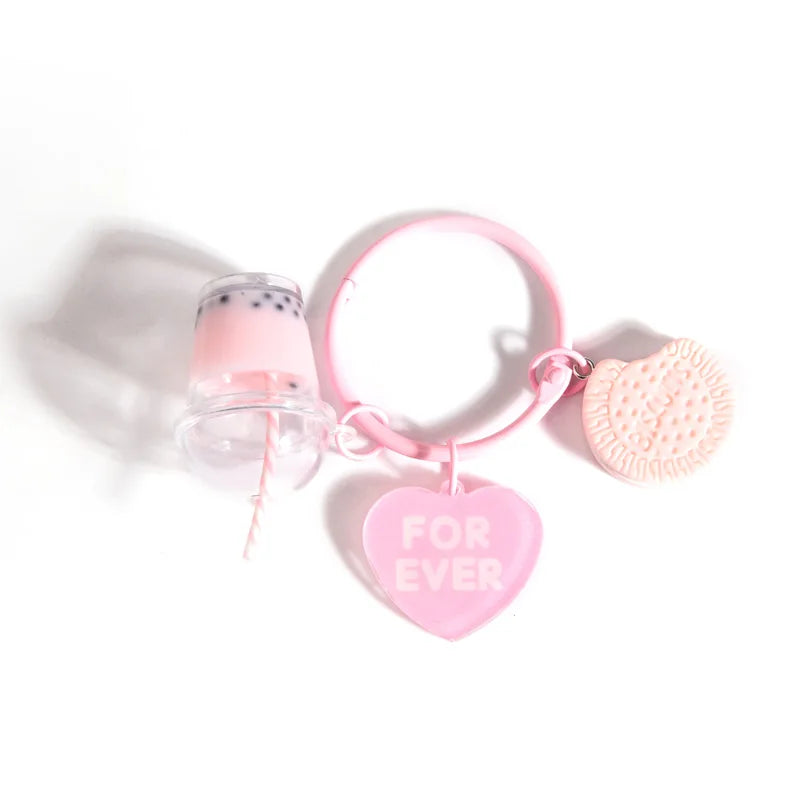 Cute  Keychains Ice-cream Bubble Tea Biscuit Pink Key Rings Friendship For Best Friend Women Girl Handbag Gift Jewelry