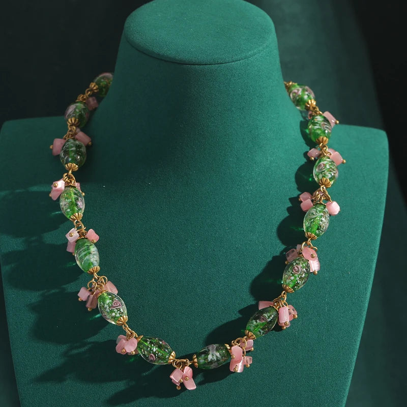 Pink Bowknot Jewelry Set Bride Natural Stone Crystal Necklace Earrings For Women Green Glass Beads Sweet Collar Accessories 2025