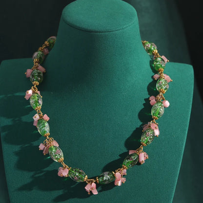 Pink Bowknot Jewelry Set Bride Natural Stone Crystal Necklace Earrings For Women Green Glass Beads Sweet Collar Accessories 2025