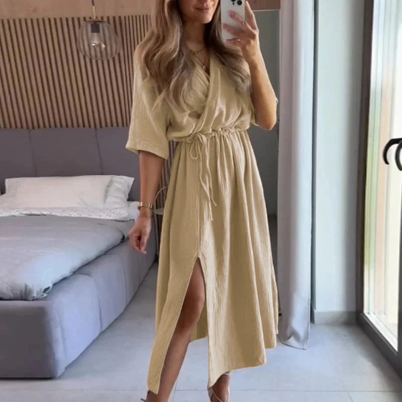 Elegant Party Dresses Women 100% Cotton Muslin Gauze Holiday Beach Casual Corset Waistband Ladies Robe Loose Soild Sundress