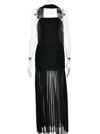 Sibybo Off Shoulder Strapless Sexy Maxi Dress Women Mesh Patchwork Backless Draped Ruched Bodycon Dresses Elegant Partywear Robe