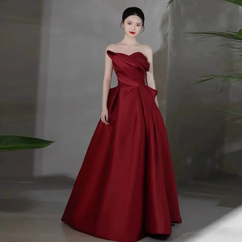 party dresses women evening satin strapless host evening dress female banquet temperament bride toast wine red black prom dress
