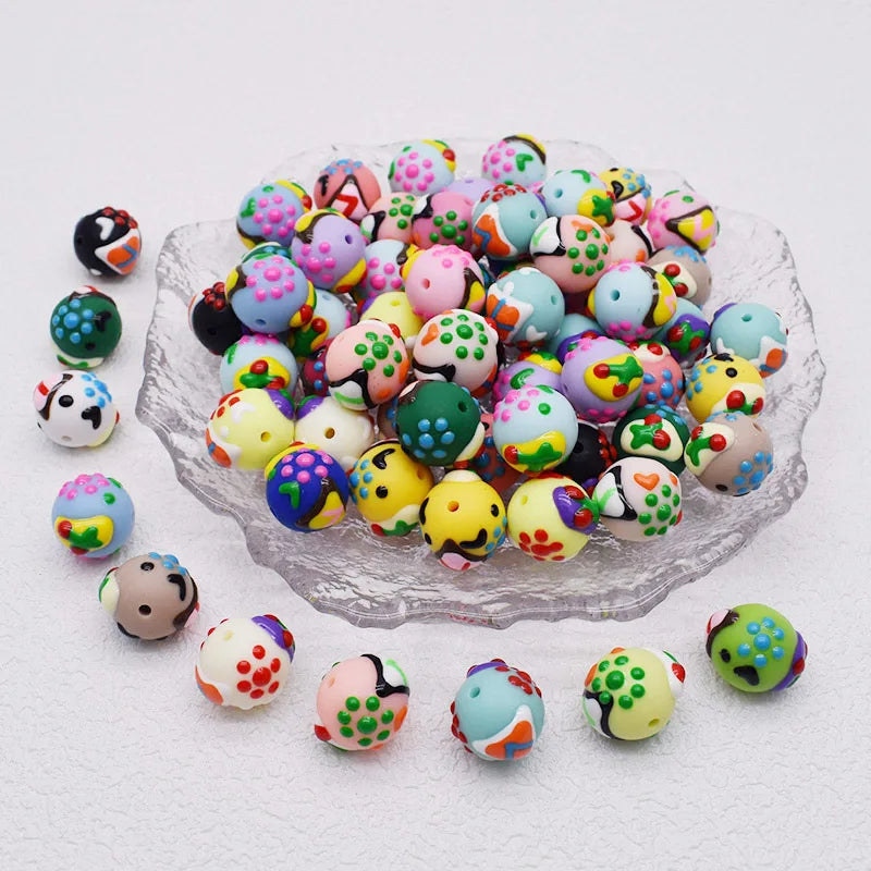10pcs/bag Acrylic Beads Fashion Hand Drawn Cartoon Painting Loose Beaded DIY Handmade DIY Bracelets Mobile phone chain Bead Pen