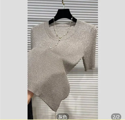 Gold Short-sleeved T-shirt for Women 2025 Summer New Style Chic Slim Ice Silk Knitted Top