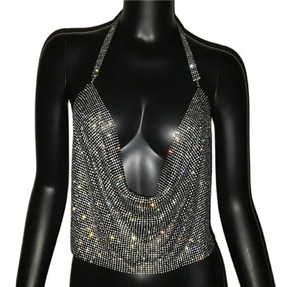 Festival Brilliant Rhinestone Backless Party Crop Top Women 2022 Summer Glitter Evening V Neck Diamonds Metal Tank Tops