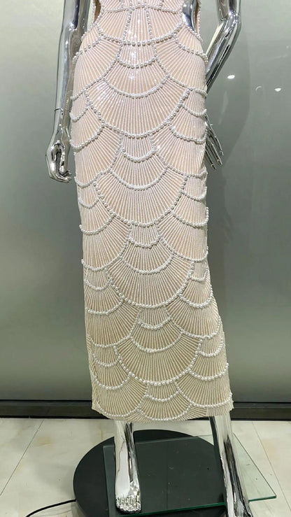Deluxe Exquisite Sequin Beaded Sexy Hollow Suspender Dress Celebrity Birthday Party Dinner Dress Sweet Date Prom Dress