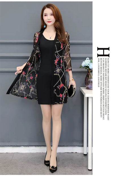 2024 Female Mid Length Large Size Sun Protection Cardigan Tops Coat Women Summer Gauze Lace Print Thin Sun Sunscreen Jacket 5XL