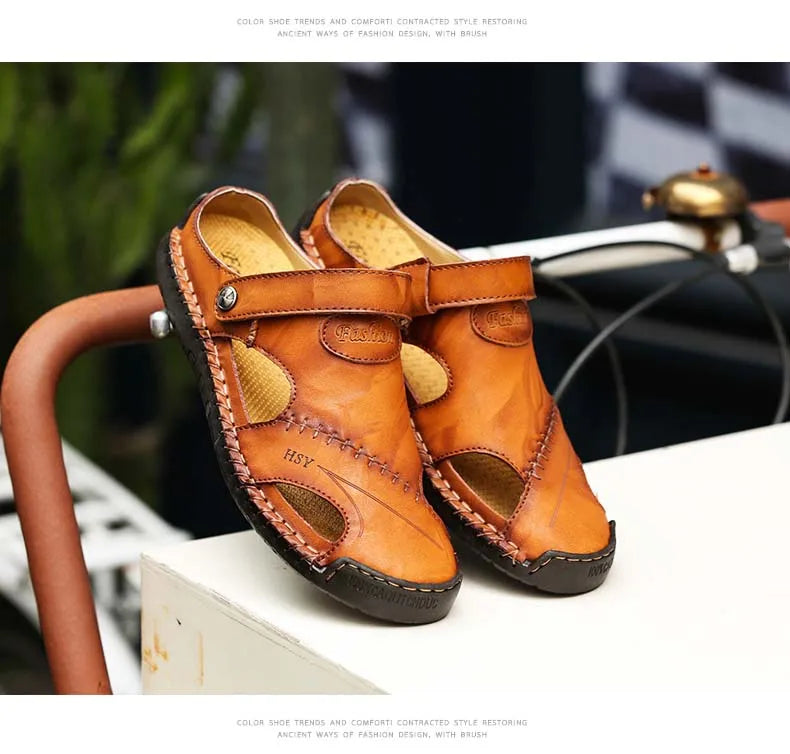 Sandals Man Summer 2023 Leather Slides Breathable Rome Male Outdoor Beach Platform Slippers Soft Hot Sale Men Flat Sandals