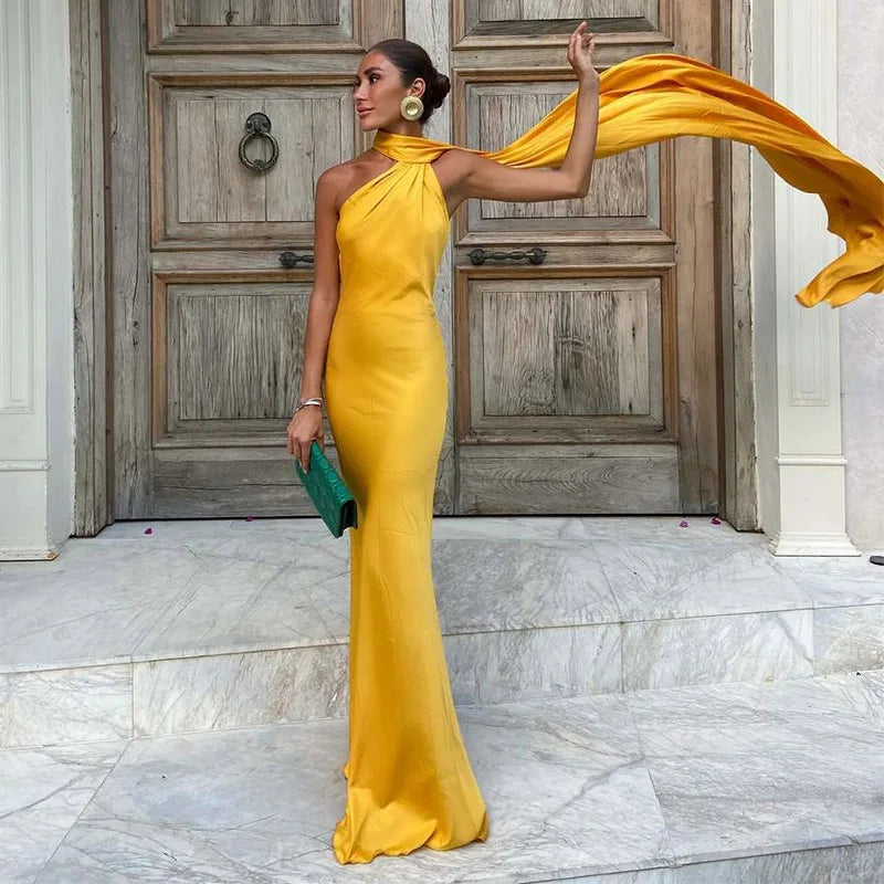 Elegant Satin Ribbon Halter Backless Sleeveless Dress for Women Slim Fit Party Evening Robes Lady Solid Color Autumn Summer 2025