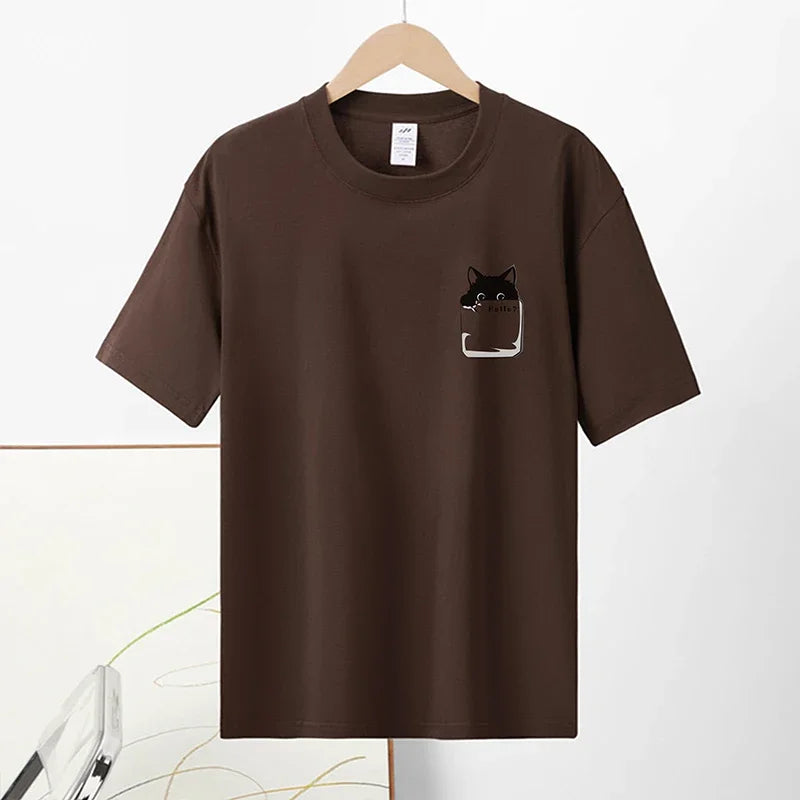 2024 Summer New Pure Cotton Cat Printed Men T-shirts Short Sleeve Casual Solid Color Simple Thin Men Tops BOK0121