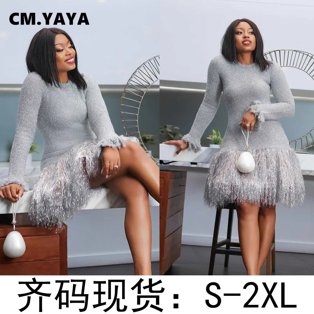 CM.YAYA ファッション レディース シルバー タッセル ボディコン ミニ ミディ ドレス 2024年 秋冬 長袖 パーティー クラブ イブニングドレス ベスティドス