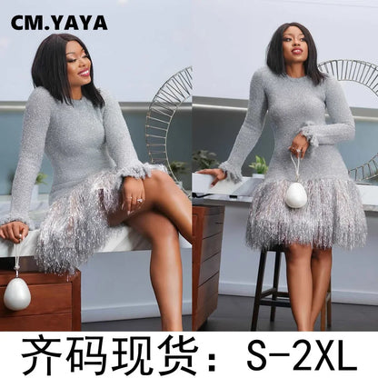 CM.YAYA ファッション レディース シルバー タッセル ボディコン ミニ ミディ ドレス 2024年 秋冬 長袖 パーティー クラブ イブニングドレス ベスティドス