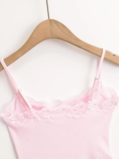Sexy Bodysuit Tops For Women 2025 Summer Y2k Clothes Lace Panel BodySuits Women Solid Color Cami Bodysuit Backless Lace Top Pink