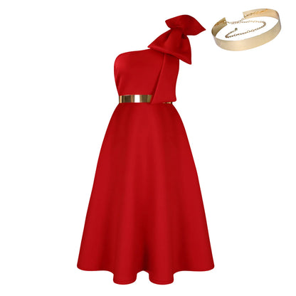 French One Shoulder A Line Pleated Birthday Party Dresses Women Bow Sleeveless Belt Large Skirt Elegant Women's Party Dress