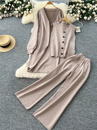 SINGREINY Autumn Knitted Warm Suits V Neck Buttons Vest+Full Sleeve Long Cardigans+Wide Legs Pants Women Solid Three Pieces Sets