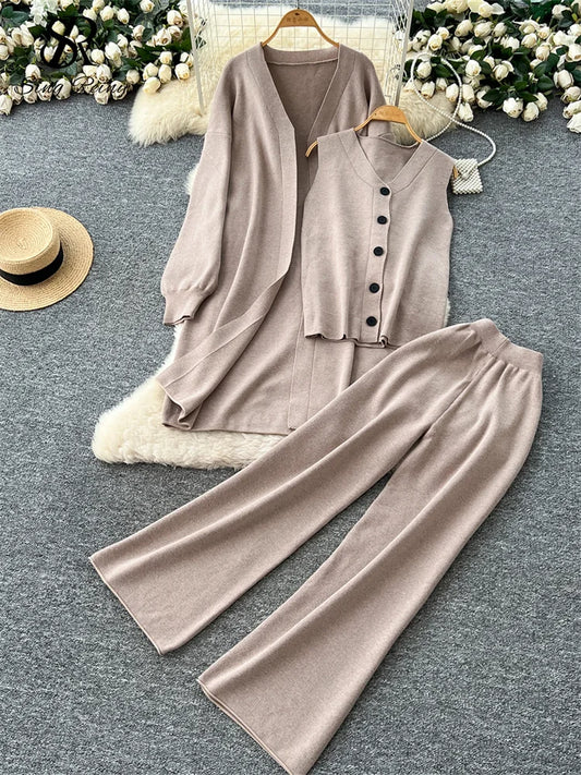 SINGREINY Autumn Knitted Warm Suits V Neck Buttons Vest+Full Sleeve Long Cardigans+Wide Legs Pants Women Solid Three Pieces Sets