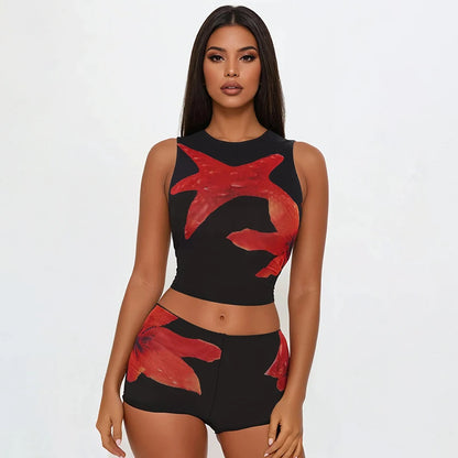 CUTENOVA Women'S Casual Street Starfish Flower Print Shorts Set Round Neck Sleeveless Crop Top + Low Waist Shorts Two-Piece Sets
