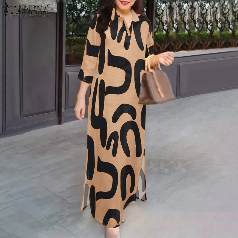 2025 ZANZEA Fashion Autumn Printed Dresses Women Maxi Long Dress Lapel Neck Long Sleeve Robe Casual Kaftan Vestidos Oversize