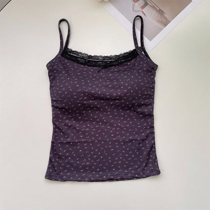Summer Crop Tops Print for Women Bow Lace Camisole Sexy Backless Vest with Padded Basic Tank Top Bm Style Camis Y2k Streetwear