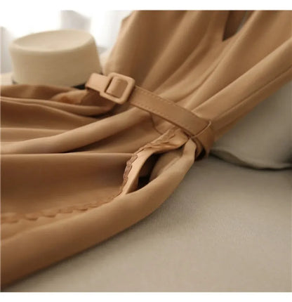 Fashion Casual Wide Leg Pants Rompers Women Bodysuit Sashes Slim Waist V-neck Jump Suit Korean Vintage Suit Summer Jumpsuit