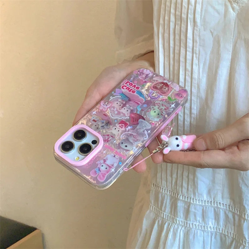 高級レーザーレインボーキュートピンクハートラブキャット漫画電話ケース iPhone 12 13 14 15 16 Pro Max Y2k 3Dふわふわ猫人形ストラップ