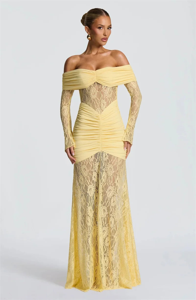Mozision Off-shoulder Long Sleeve Sexy Maxi Dress Women Fashion Lace See Through Strapless Backless Bodycon Club Party Dresses