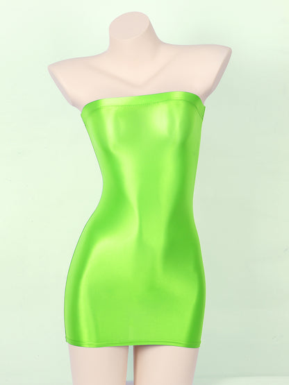 Sexy Women Oil Glossy Sheer Bodycon Dress Females See Through Strapless Pencil Dress Smooth Tight Mini Dress Clubwear