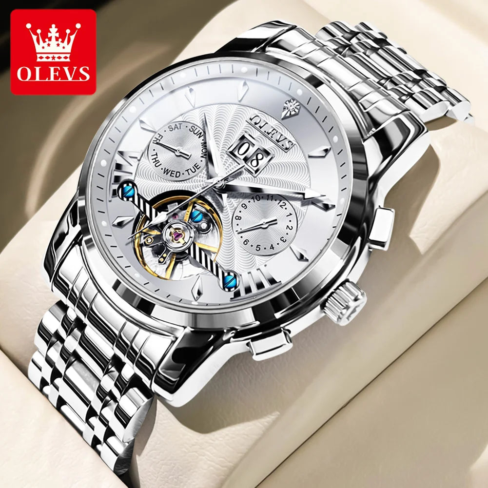 OLEVS 9965 Mechanical Watch for Men Tourbillon Dial Dual Calendar Display Luminous Automatic Mechanical Men's Watch