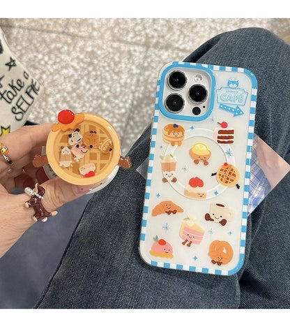 豪華でキュートなワッフルケーキのMagSafeワイヤレス充電ケース、iPhone 13 14 15 16 Pro Max用、面白い漫画ワッフルシェイクマグネットホルダー