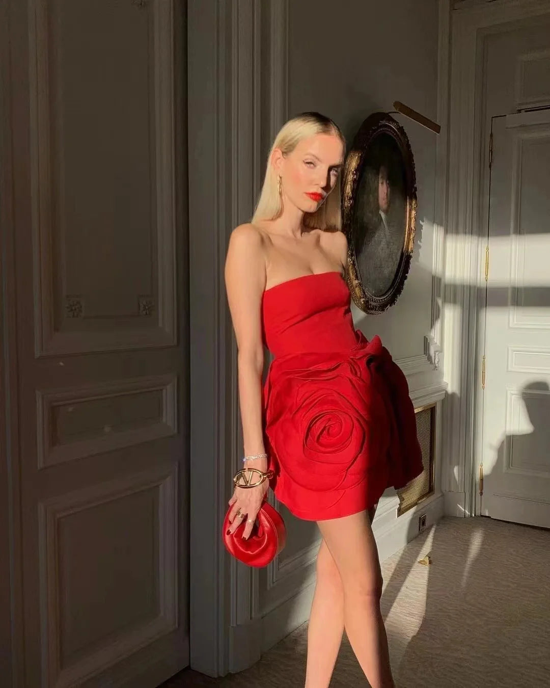 Red Brithday Dresses for Women Elegant prom Gown Sexy Strapless 3d Big Flower Evening Dress 2025 Summer Fashion Party Outfits