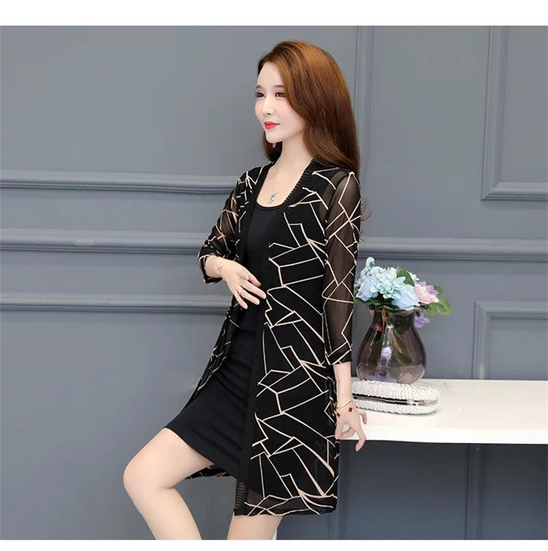 2024 Female Mid Length Large Size Sun Protection Cardigan Tops Coat Women Summer Gauze Lace Print Thin Sun Sunscreen Jacket 5XL