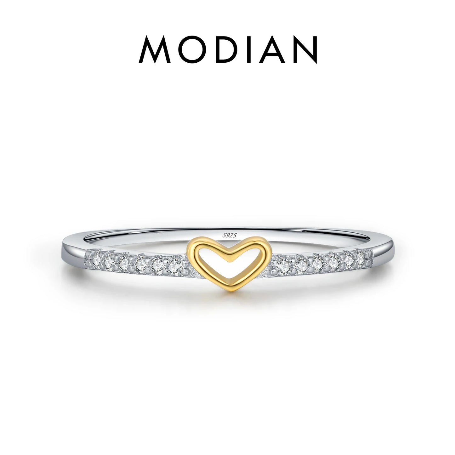 MODIAN 925スターリングシルバー シンプルでロマンチックなハートの指輪 トレンディなメタリックコントラストデザイン レディースファインジュエリー