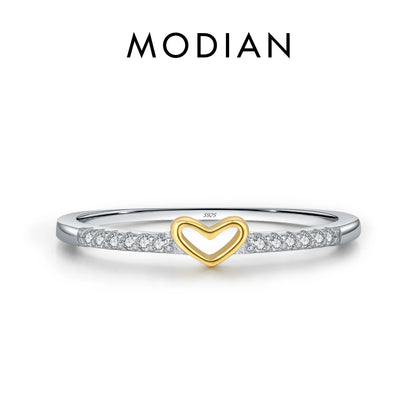 MODIAN 925スターリングシルバー シンプルでロマンチックなハートの指輪 トレンディなメタリックコントラストデザイン レディースファインジュエリー