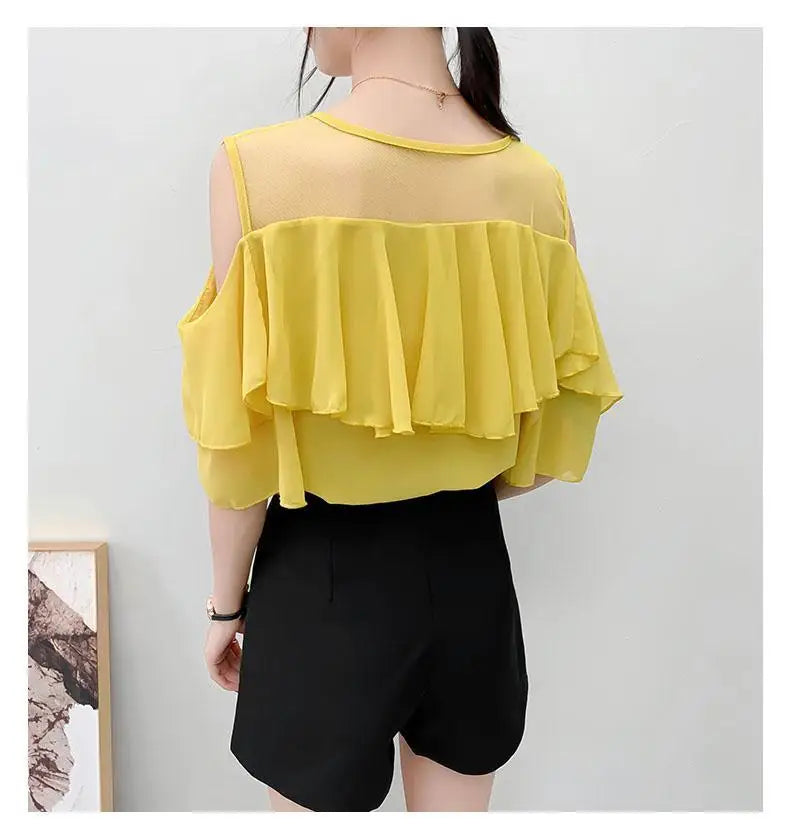 Off Shoulder Sexy Chiffon Blouses Women 2025 Summer Korean Fashion Clothes Ruffles Slim Sweet Ladies Casual Lace Tops Shirts Y2k