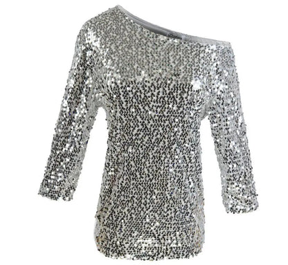 New Fashion Sexy Mid Sleeve Slanted Shoulder Sequin Solid Color Slim Fit T-shirt For Women,2 Colors