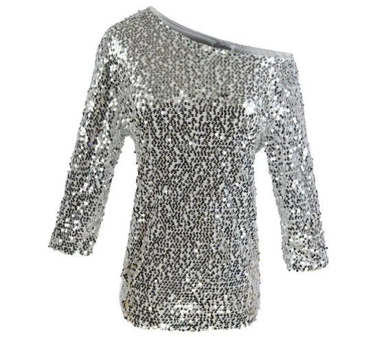 New Fashion Sexy Mid Sleeve Slanted Shoulder Sequin Solid Color Slim Fit T-shirt For Women,2 Colors