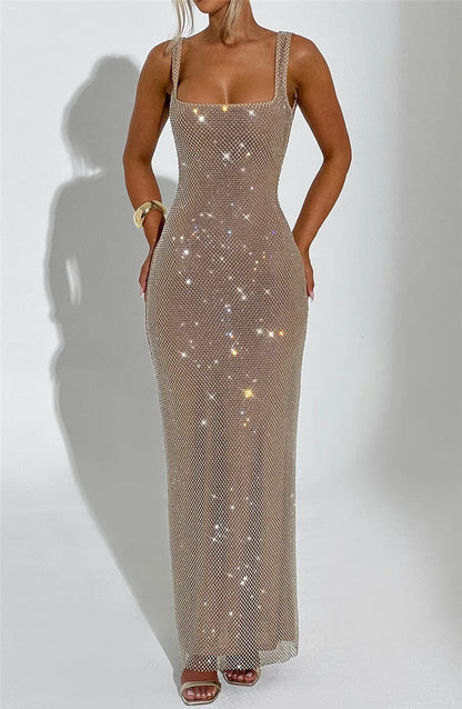 Mozision Sequins Backless Sexy Maxi Dress For Women Gown Fashion Sparkle Square Collar Sleeveless Bodycon Club Long Dress