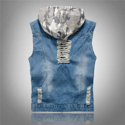 New  Men's Korean Style Vest Fashion Slim Camouflage Hooded Waistcoat Casual Sport Denim Vest Sleeveless Jackets for Men 5XL