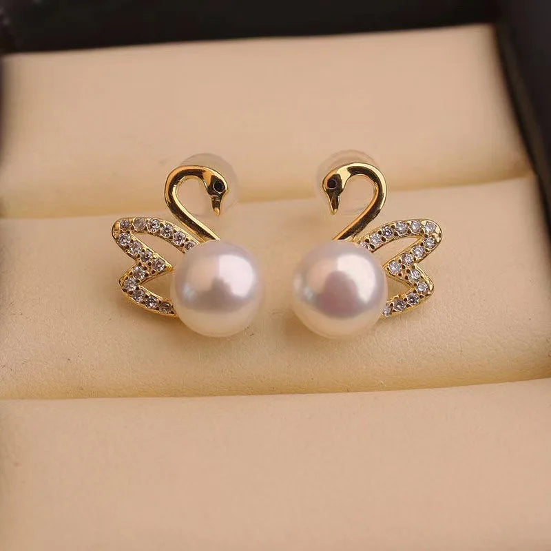 925 Silver Needle Hollow Crystal Swan Earrings For Women Korean Jewelry 2025 Trending New Luxury Animal Pearl Stud Earrings Gift
