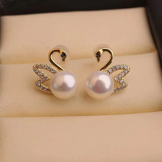 925 Silver Needle Hollow Crystal Swan Earrings For Women Korean Jewelry 2025 Trending New Luxury Animal Pearl Stud Earrings Gift