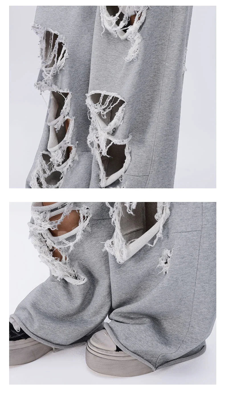 2025 New Distressed Gray Baggy Joggers Women Hip Hop Style Grunge Wide Leg Holes Sweatpants Oversized Gyaru Streetwear Trousers