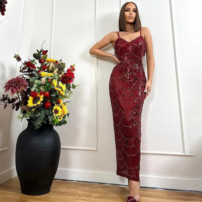 HLJ Sexy Sequin Hollow Bodycon Spaghetti Strap Evening Party Dresses Women Round Neck Sleeveless Slim Vestidos Fashion Clothing