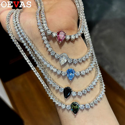 OEVAS 3-4.5mm フルモアサナイト テニスネックレス S925シルバー ラボダイヤモンド ウォータードロップペンダント レディース パーティー ファインジュエリー