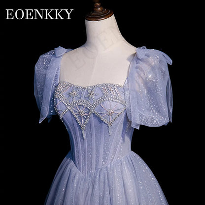 Princess Luxury Crystal Prom Dress Blue Glitter Puff Sleeves A Line Banquet Party Dresses Women vestidos para eventos especiales
