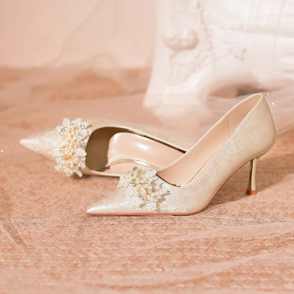 High Heels Women Fall New Pointed Head Shallow Mouth Beaded Flower Wedding Dress Bride Wedding Shoes