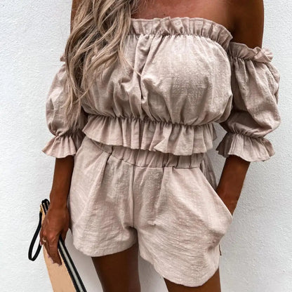 2Pcs/Set Women Matching Set Ruffles Off-shoulder Half Sleeve Lady Summer Crop Tops Shorts Outwear Sexy Beach Set for Daily Wear