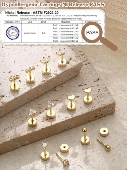 FASACCO Flat Back Stainless Steel Stud Earrings for Women 14K Gold-plated Cartilage Earring Helix Conch Tragus Piercing Jewelry